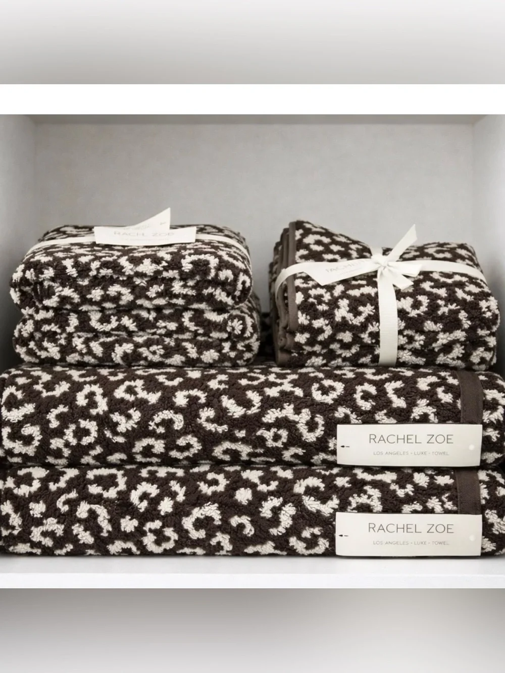 NWT Rachel Zoe Chocolate Brown/Cream Leopard Print 8-Piece Towel Set 100% Cotton